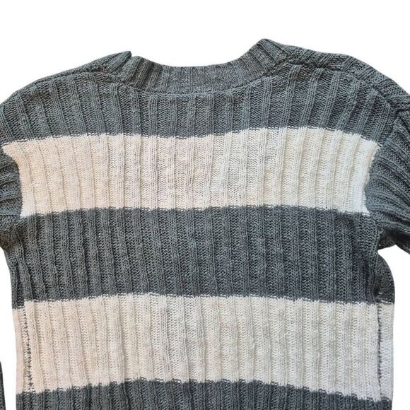 SO Women's Sage Green & White Cotton/Acrylic Striped Sweater Ribbed Knit Button - Picture 7 of 9